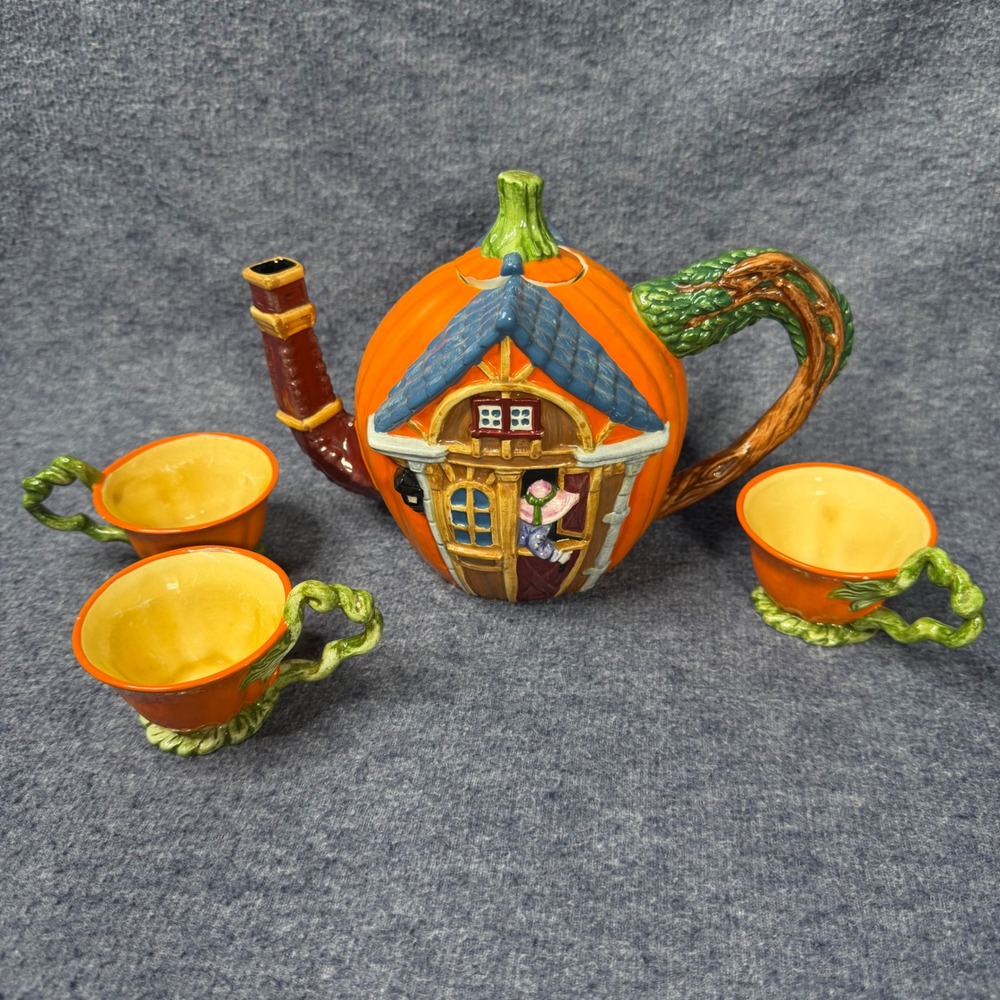 Dept 56 Pumpkin House Teapot + 3 Teacups Set Ceramic Fall Autumn Decor Whimsical
